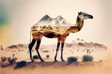 Camel abstract artwork in double exposure of sahara desert, animal art with sand landscape as dromedary with nature background concept. Superb Generative AI.の素材
