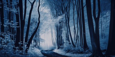 Blue monochrome color haunted path in dark forest. superlative generative AI image.の素材