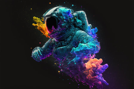 Contemporary abstract artwork of astronaut in space suit floating in deep space and iridescent fluid or smoke. Cosmic exploration or travel in state of mind concept. Superb Generative AI.の素材