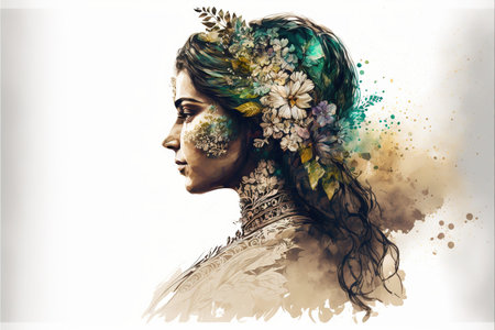 Abstract contemporary art portrait of beautiful girl covered with flower bouquets hairstyle in isolated background. Fashionable and creative double exposure design. Superb Generative AI.の素材