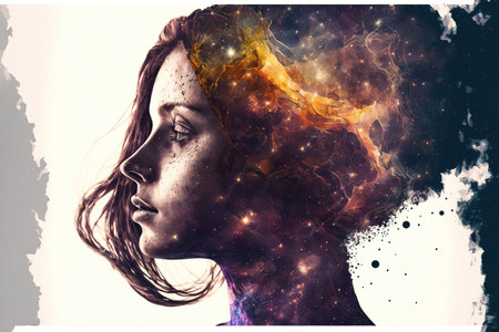 Double exposure image of woman portrait with the void of space and universe with stars for state of mind and psychological concept. Meditative and mental ability abstract art. Superb Generative AIの素材