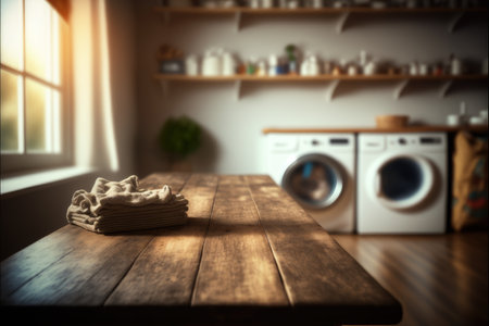 Focus empty wood table in blur laundry and washing machine background. Concept of blank space for advertising product. Finest generative AI.の素材