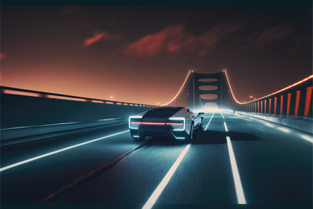 Cyber neon driving green power sport car with hybrid technology automotive. Concept of light glowing on dark city view in night life. Finest generative AI.の素材