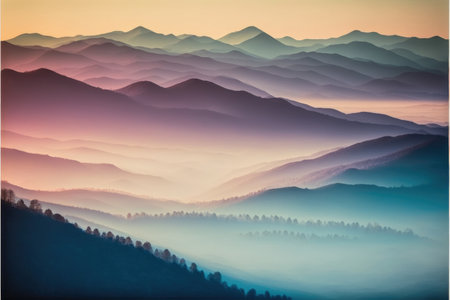 Abstract of colorful mountains in the sun light of dawn or dusk environment. Concept of beautiful pastel misty and fog background in the forest landscape. Finest generative AI.の素材