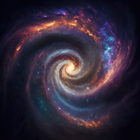 Abstract art in nebula twirl in galaxy. Concept of outer space decorated by starry composition in dynamic movement. Finest generative AI.の素材