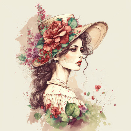 Image of pretty woman wearing hat decorated with flower and petal in victoria, vintage of dressing old fashion design. Finest generative AI.の素材