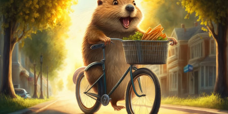 beaver have fun bicycle ride on sunshine day in summer on town streetの素材