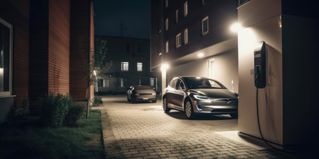 Electric car EV charging battery at charger station. distinct generative AI image.の素材
