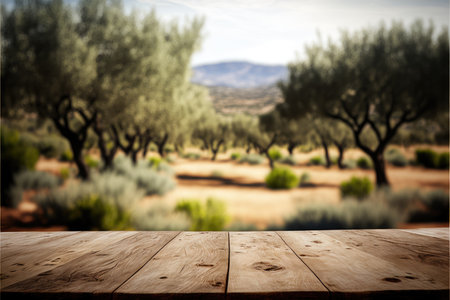 Focus empty wood table with blurred natural olive tree background. Concept of blank space for advertising product. Finest generative AI.の素材