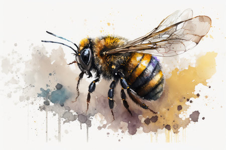 Honey bee watercolor painting hand-drawn style. distinct generative AI image.の素材