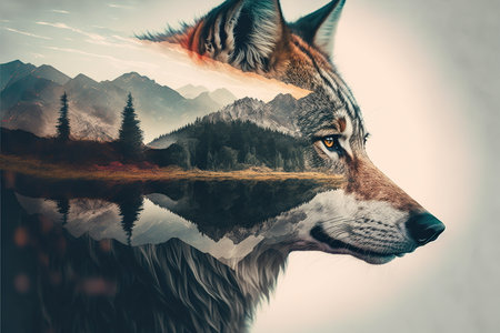 Majestic and powerful predator wildlife animal by lone grey wolf in solitude on double exposure background of wondrous natural landscape with forest and mountain by Generative AIの素材