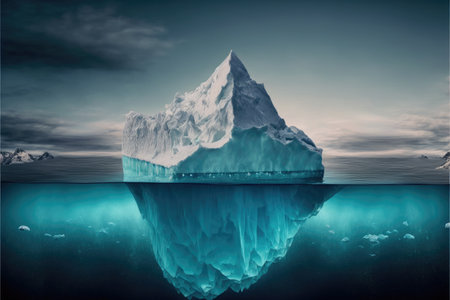 Large white iceberg floating in the frozen ocean with underwater beautiful transparent view. Concept of polar geographic. Finest generative AI.の素材