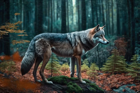 A wolf in the forest in summer. distinct generative AI image.の素材