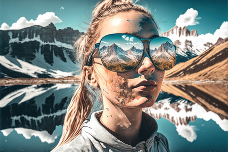 Sunglasses mirrored reflection of the wondrous mountain path and sunny sky portrayed by hiker woman in natural adventurous and nature exploring concept by Generative AI.の素材