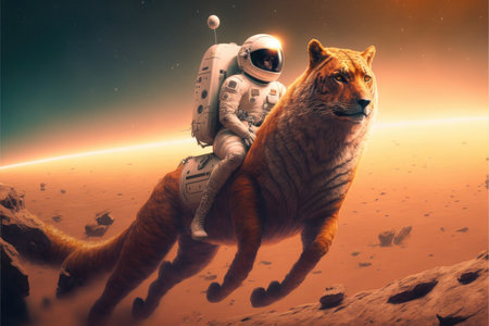 Astronaut riding big cat on Mars landscape. Concept of orange light on outer. Finest generative AI.の素材
