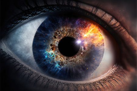 Closeup of macro galaxy in glowing sharp eyesight vision. Concept of outer space in human eye. Finest generative AI.の素材