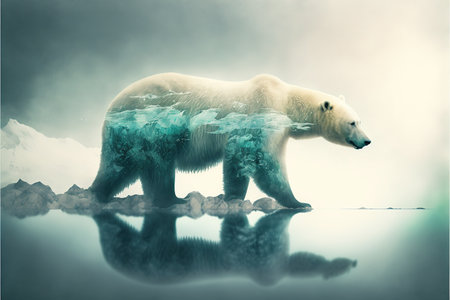 image shown by polar bear suffer due to melting ice caused by the impact of climate change on double exposure of global warming turning arctic hotter in background. Superb Generative AI.の素材