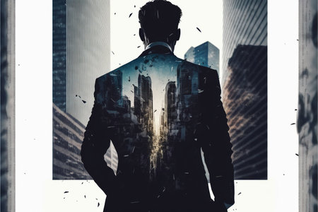 Ambitious businessman in black suit-clad profile with background residential city highrise buildings in double exposure, Successful businesspeople with strategic plans. Superb Generative AI.の素材