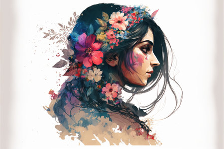 Abstract contemporary art portrait of beautiful girl covered with flower bouquets hairstyle in isolated background. Fashionable and creative double exposure design. Superb Generative AI.の素材