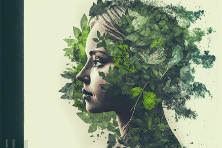 Beautiful woman portrait with blossom greenery foliage leaf hairstyle on isolated background double exposure. Girl face cover with blossom springtime leaves. Superb Generative AI.の素材
