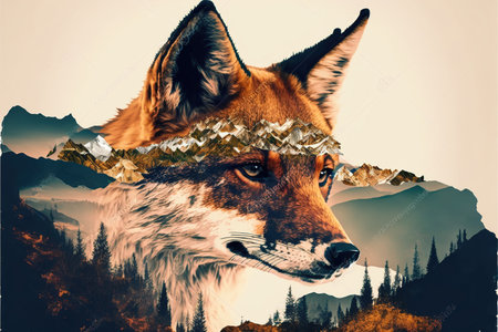 Contemporary abstract artwork double exposure of red fox and forest landscape design, concept of animal and natural wilderness adventure. Superb Generative AI.の素材