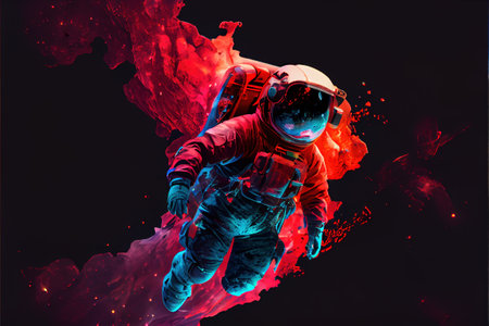 Contemporary abstract artwork of astronaut in space suit floating in the vastness of deep space and red fluid or smoke. Cosmic exploration or travel in the state of mind concept. Superb Generative AI.の素材