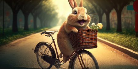 rabbit have fun bicycle ride on sunshine day in summer on town streetの素材