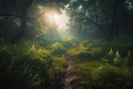 Walking path through the lush green forest. distinct generative AI image.の素材