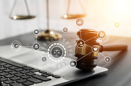 Smart law, legal advice icons and lawyer working tools in the lawyers office showing concept of...