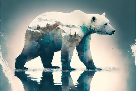 image shown by polar bear suffer due to melting ice caused by the impact of climate change on double exposure of global warming turning arctic hotter in background. Superb Generative AI.の素材