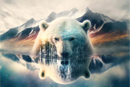 image shown by polar bear suffer due to melting ice caused by the impact of climate change on double exposure of global warming turning arctic hotter in background. Superb Generative AI.の素材