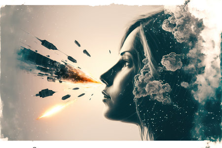 Double exposure woman portrait with space rocket takeoff and launch into sky as creative concept for business startup company symbolizing idea of company skyrocketing to success. Superb Generative AIの素材