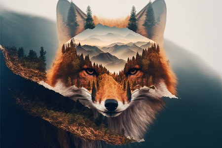 Contemporary abstract artwork double exposure of red fox and forest landscape design, concept of animal and natural wilderness adventure. Superb Generative AI.の素材