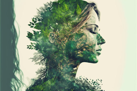 Beautiful woman portrait with blossom greenery foliage leaf hairstyle on isolated background double exposure. Girl face cover with blossom springtime leaves. Superb Generative AI.の素材