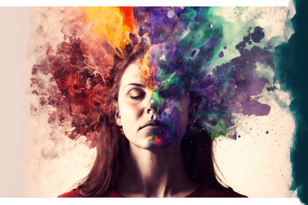 Woman with powerful vivid powder explosion on her head as symbol for inner stress and negative though for intense emotion mental health in modern abstract art design. Superb Generative AI.の素材