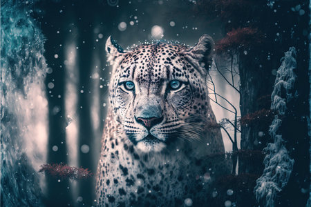 White leopard face in snow winter forest, predator in the wilderness. Creative artwork of wildlife animal. Superb Generative AI.の素材