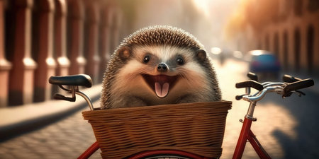 hedgehog have fun bicycle ride on sunshine day in summer on town streetの素材