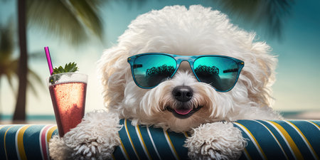 Bichon Frise dog is on summer vacation at seaside resort and relaxing rest on summer beach of Hawaiiの素材