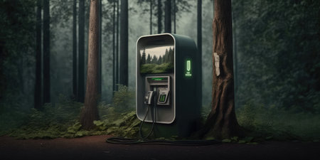 Electric car EV charger station in middle of green forest. distinct generative AI image.の素材