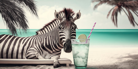 zebra is on summer vacation at seaside resort and relaxing on summer beachの素材