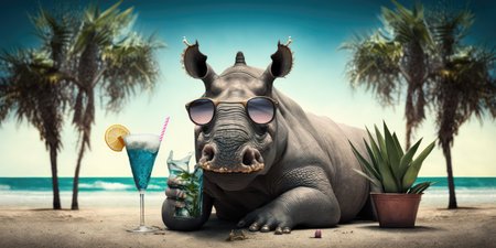 rhino is on summer vacation at seaside resort and relaxing on summer beachの素材