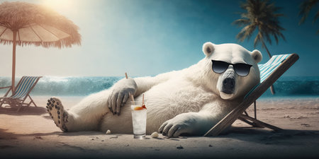 polar bear is on summer vacation at seaside resort and relaxing on summer beachの素材