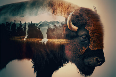American male bison grazing on grassland with double exposure background of natural scenery in yellowstone. Large mammal body with fur and horn. Superb Generative AI.の素材