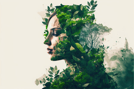 Beautiful woman portrait with blossom greenery foliage leaf hairstyle on isolated background double exposure. Girl face cover with blossom springtime leaves. Superb Generative AI.の素材