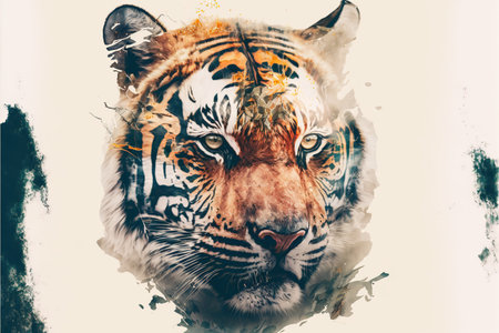 Striped bengal tiger in double exposure merge its head with lush forest design in background as majestic adventurous wildlife in nature. Superb Generative AI.の素材