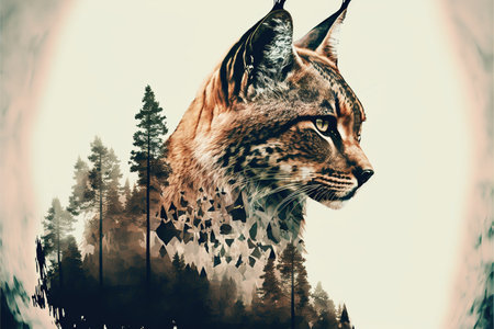 Beautiful lynx design with double exposure background of wilderness and nature landscape as concept of the natural adventure and majestic wildlife animal. Superb Generative AI.の素材