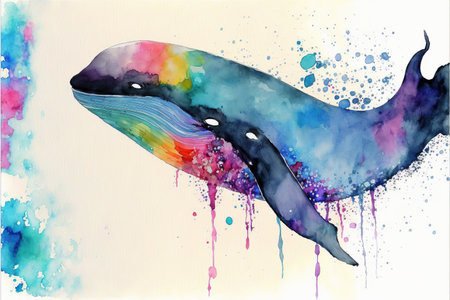 Vibrant colorful dolphin whale in watercolor splashing painting on isolated background, vivid aquatic life artwork concept. Superb Generative AIの素材