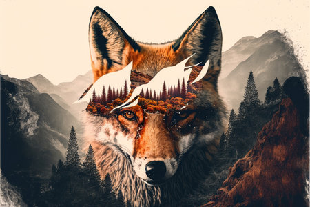 Contemporary abstract artwork double exposure of red fox and forest landscape design, concept of animal and natural wilderness adventure. Superb Generative AI.の素材