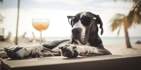 Great Dane dog is on summer vacation at seaside resort and relaxing rest on summer beach of Hawaiiの素材