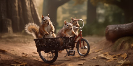 squirrels have fun bicycle ride on sunshine day in summer on town streetの素材